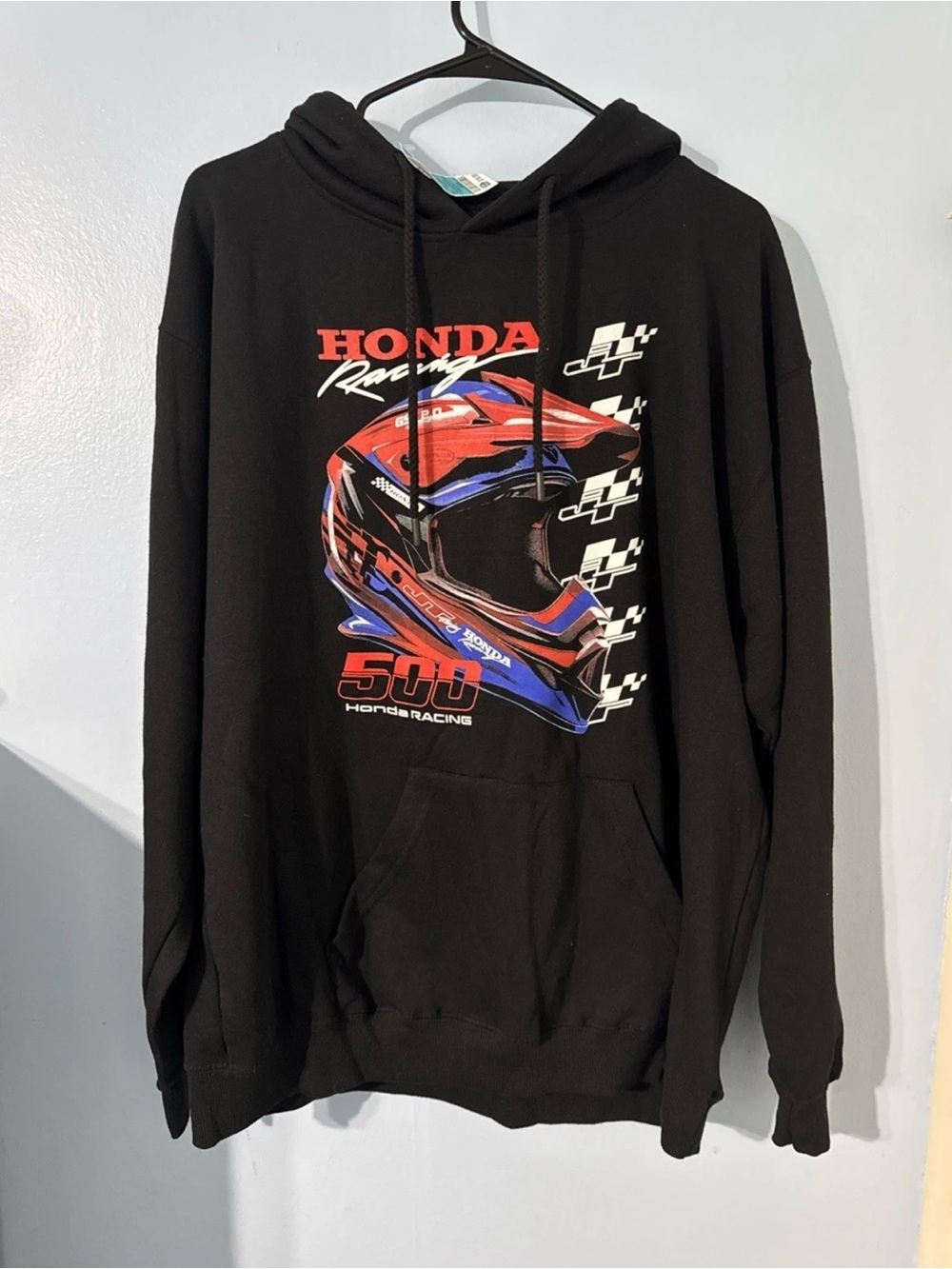 Racing Black Hoodie with Red & Blue Helmet Graphic